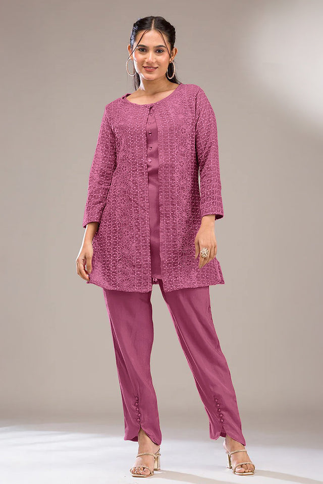 Pink Floral Embroidered Georgette Co-Ord Set