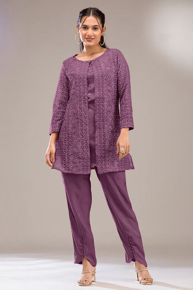 Violet Floral Embroidered Georgette Co-Ord Set