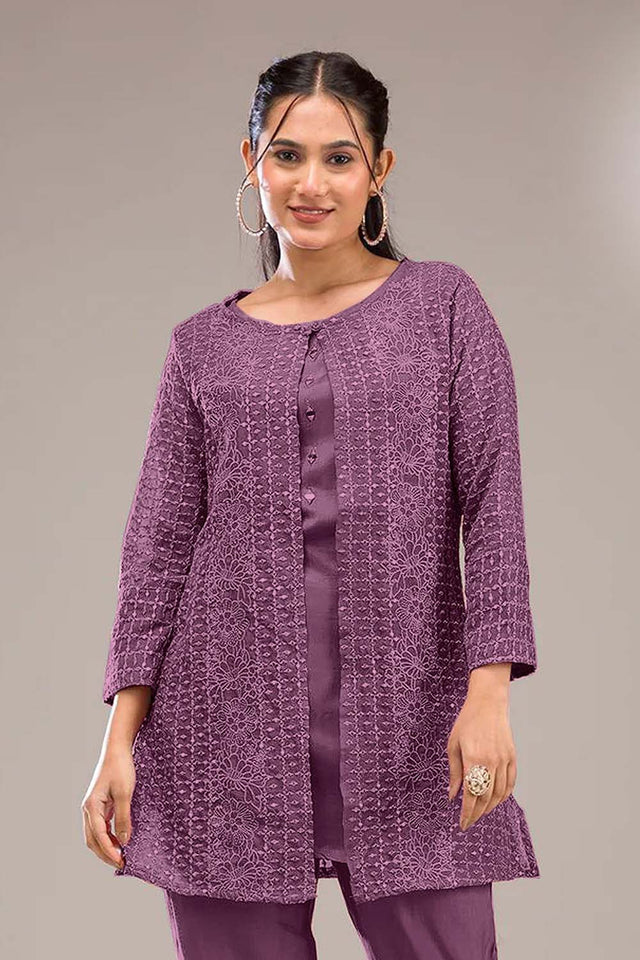 Violet Floral Embroidered Georgette Co-Ord Set
