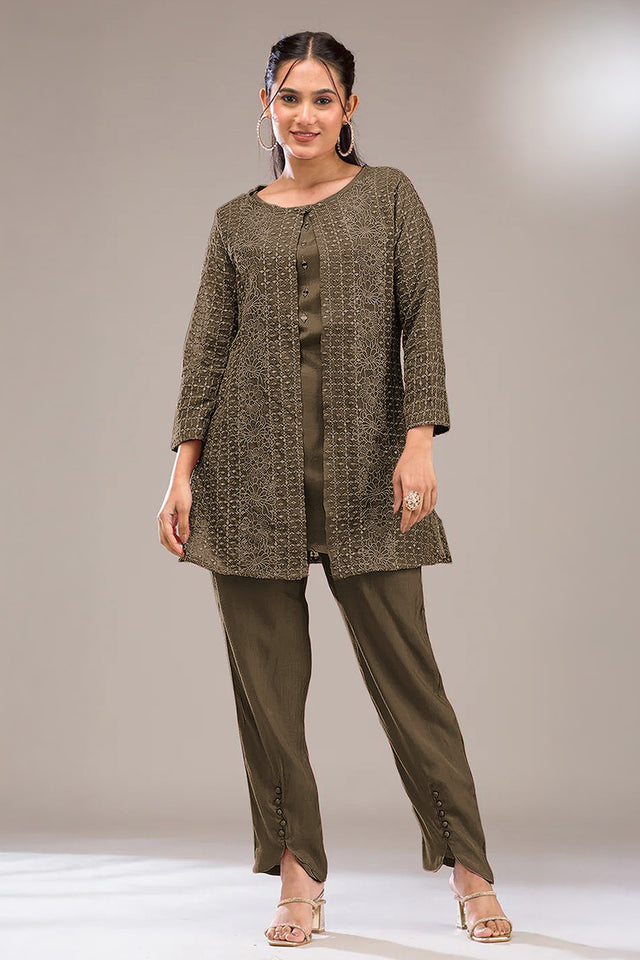 Green Floral Embroidered Georgette Co-Ord Set