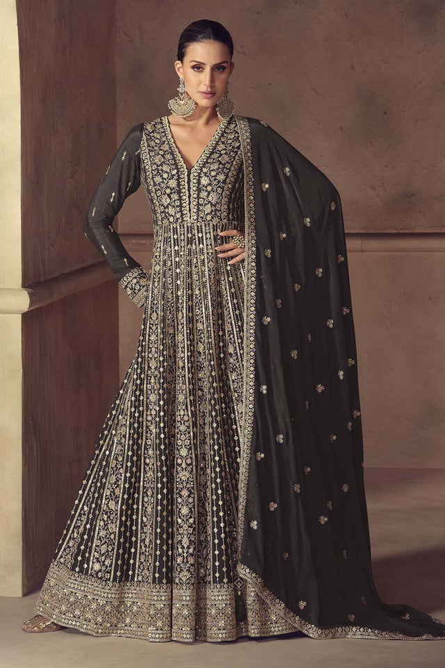 Black Sequin with Embroidered Chinon Gown