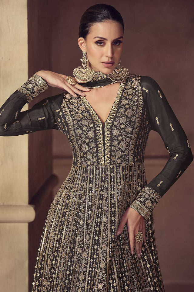 Black Sequin with Embroidered Chinon Gown