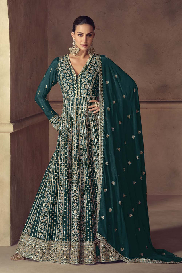 Turquoise Sequin with Embroidered Chinon Gown