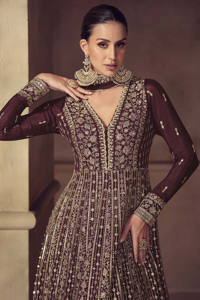 Brown Sequin with Embroidered Chinon Gown