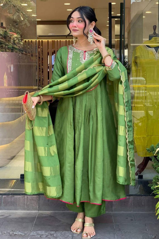 Green Sequin Viscose Anarkali Suits (RF30060)
