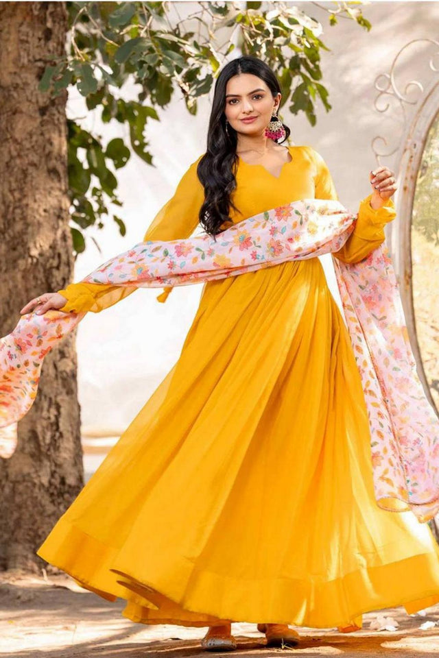 Yellow Solid Georgette Anarkali Suits (RF30061)