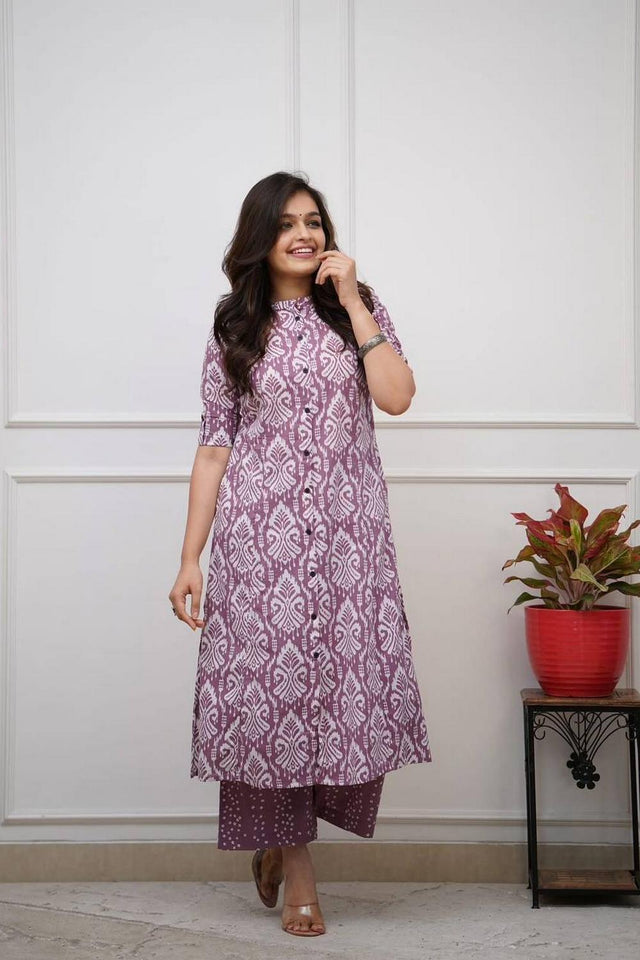 Purple Printed Cotton Kurti Pant Set (RF30063)