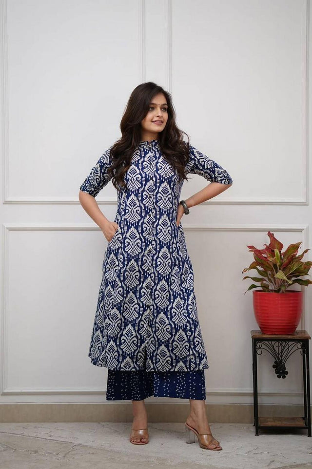 Blue Printed Cotton Kurti Pant Set (RF30064)
