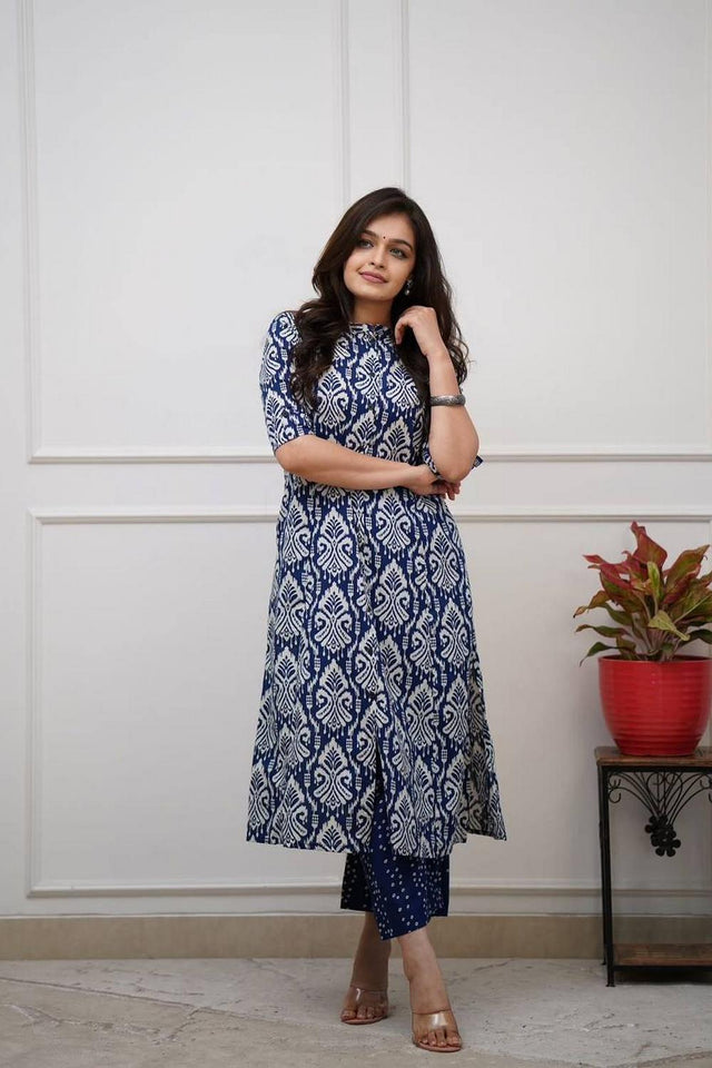 Blue Printed Cotton Kurti Pant Set (RF30064)