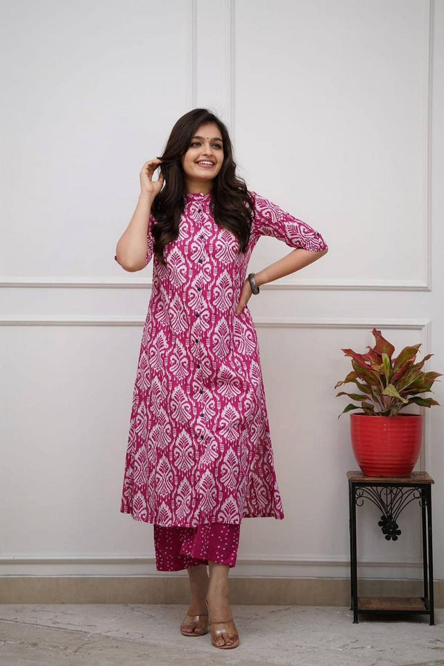 Pink Printed Cotton Kurti Pant Set (RF30065)