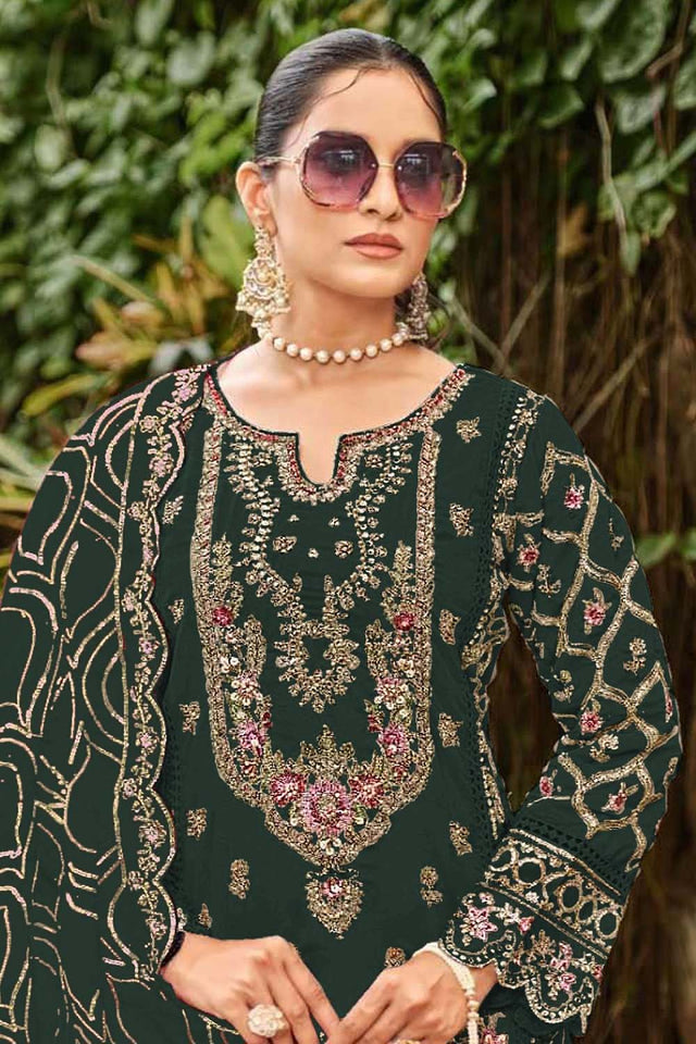 Green Floral Embroidered Georgette Straight Cut Suits