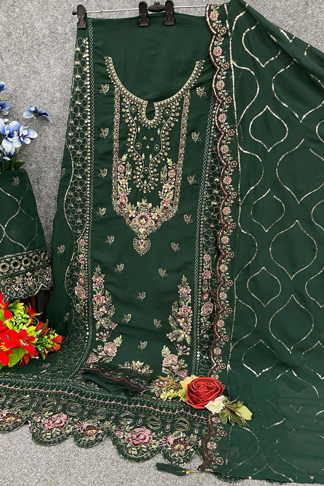 Green Floral Embroidered Georgette Straight Cut Suits