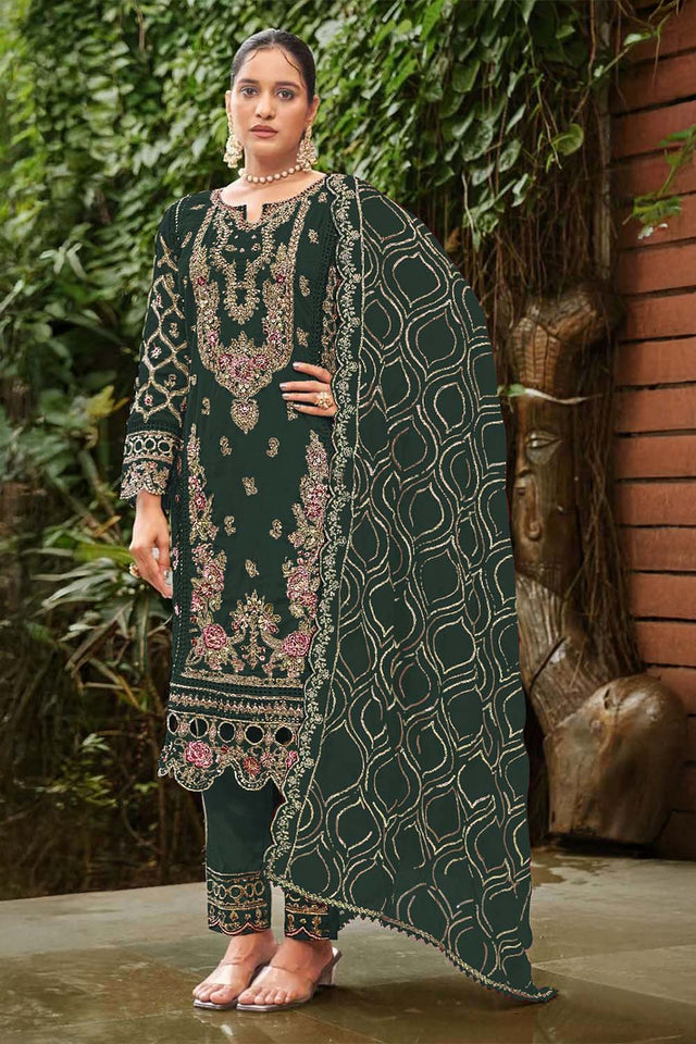Green Floral Embroidered Georgette Straight Cut Suits