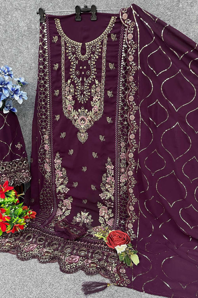 Violet Floral Embroidered Georgette Straight Cut Suits