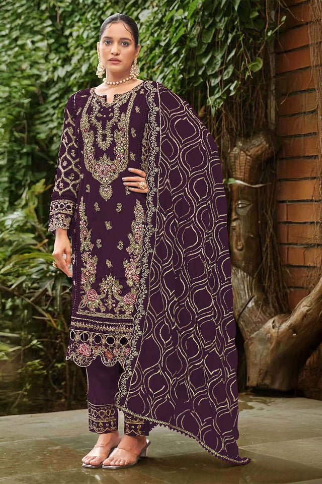 Violet Floral Embroidered Georgette Straight Cut Suits