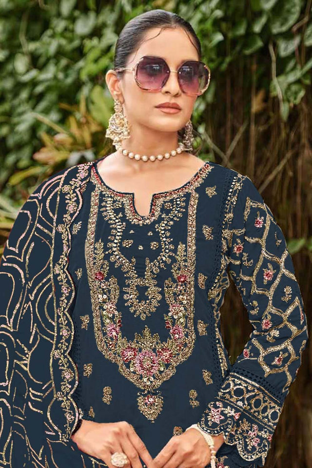Navy Blue Floral Embroidered Georgette Straight Cut Suits