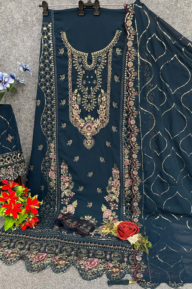 Navy Blue Floral Embroidered Georgette Straight Cut Suits