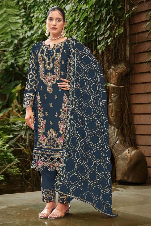 Navy Blue Floral Embroidered Georgette Straight Cut Suits