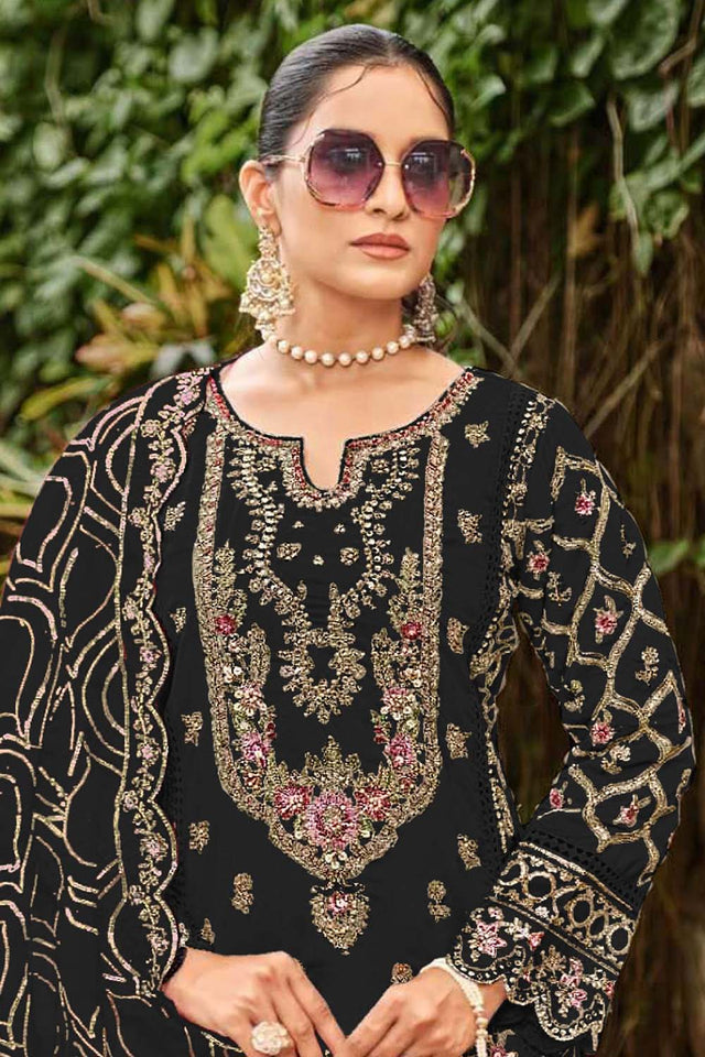 Black Floral Embroidered Georgette Straight Cut Suits