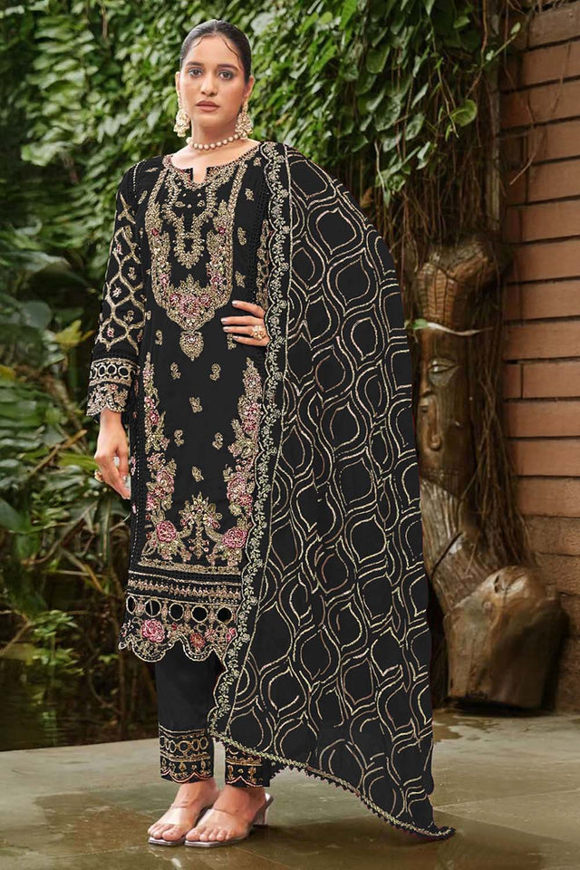 Black Floral Embroidered Georgette Straight Cut Suits