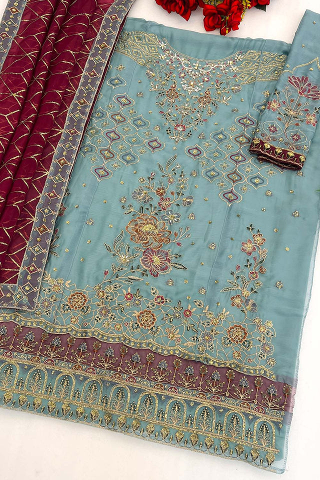 Blue Floral Embroidered Chiffon Straight Cut Suits (RF30196)