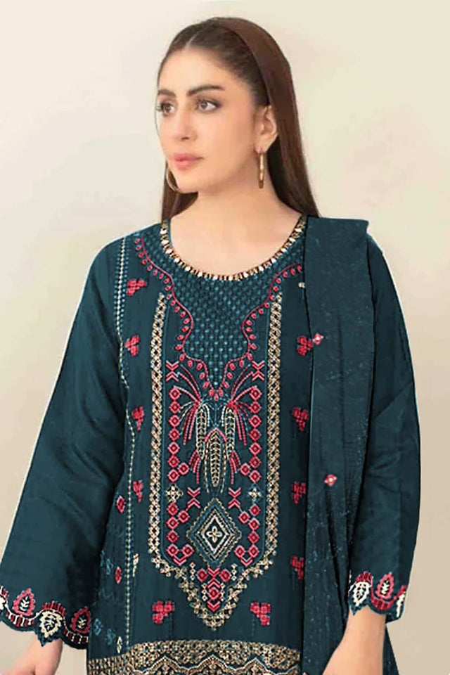 Turquoise Floral Embroidered Silk Straight Cut Suits (RF30209)