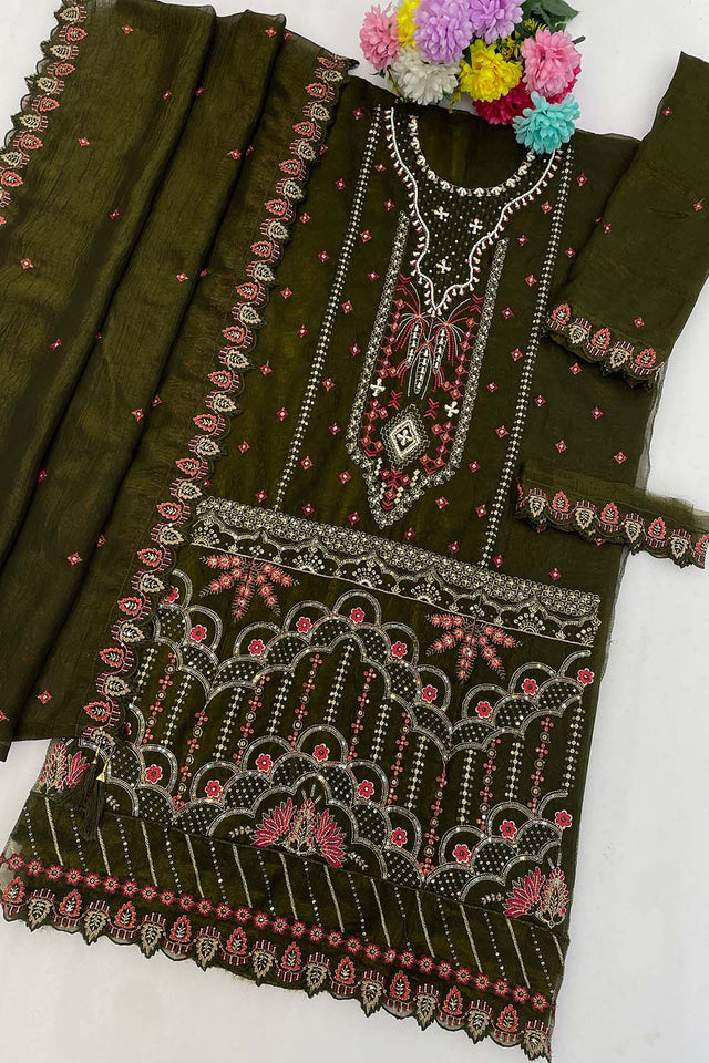 Green Floral Embroidered Silk Straight Cut Suits (RF30210)