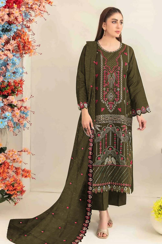 Green Floral Embroidered Silk Straight Cut Suits (RF30210)