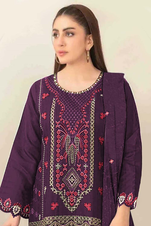 Violet Floral Embroidered Silk Straight Cut Suits (RF30211)