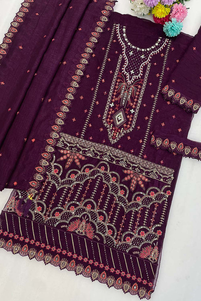 Violet Floral Embroidered Silk Straight Cut Suits (RF30211)