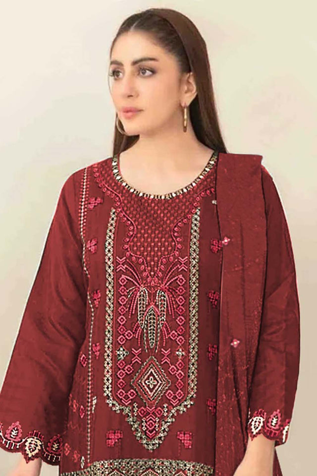Maroon Floral Embroidered Silk Straight Cut Suits (RF30212)