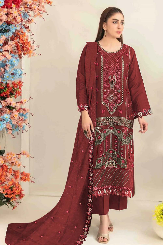 Maroon Floral Embroidered Silk Straight Cut Suits (RF30212)