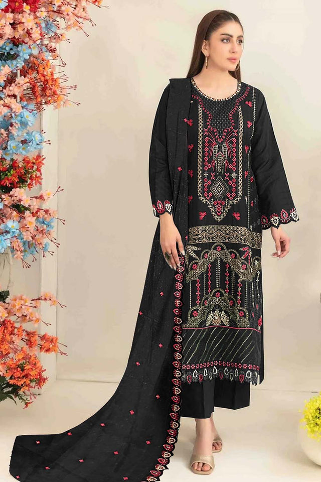 Black Floral Embroidered Silk Straight Cut Suits (RF30213)