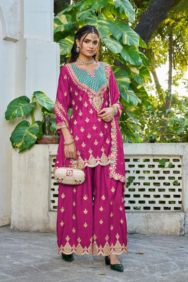 Pink Embroidered Chinon Palazzo Suits (RF30269)