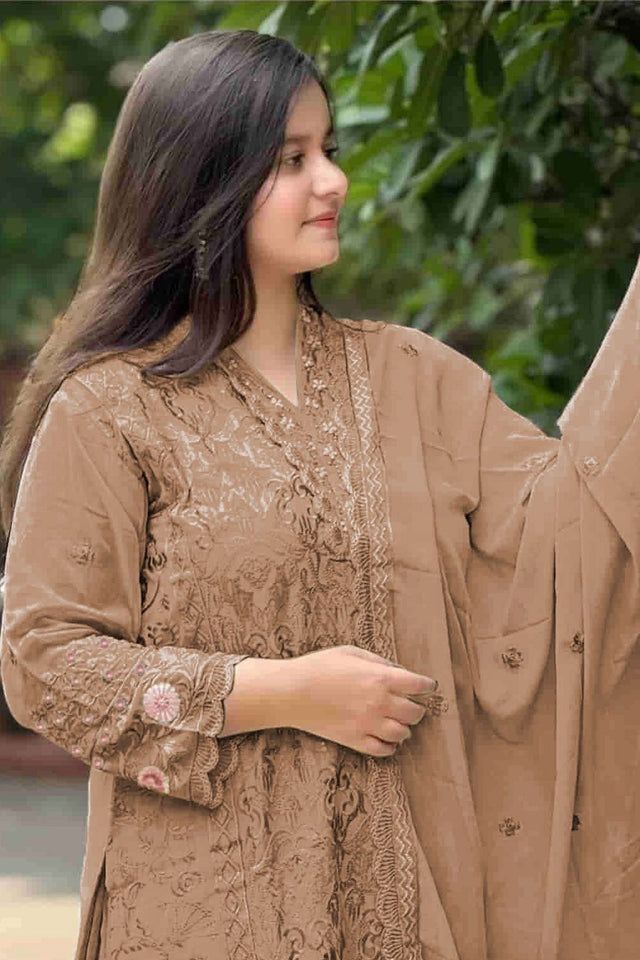 Beige Embroidered Georgette Straight Cut Suits (RF30286)