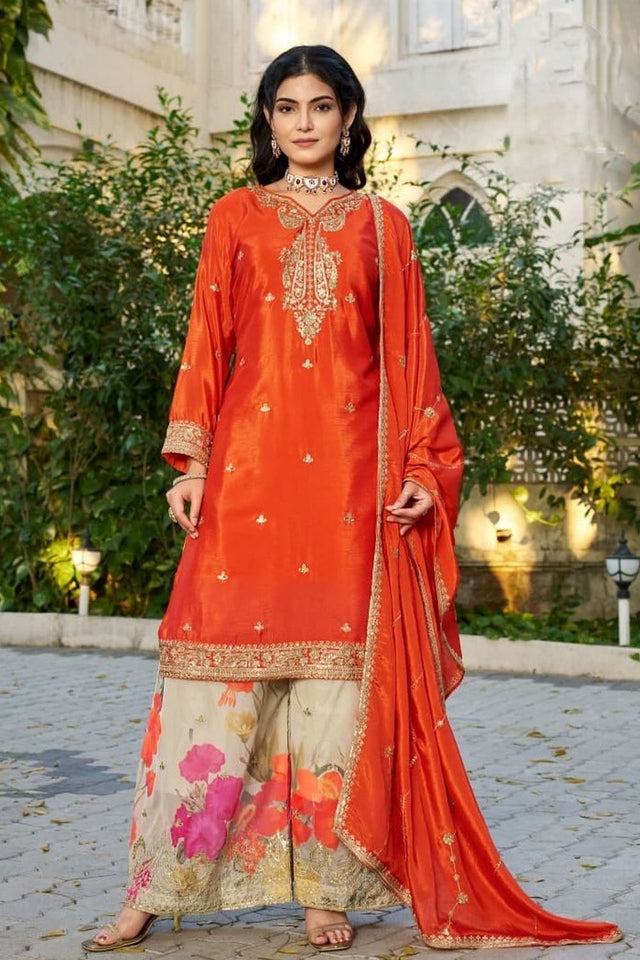 Orange Embroidered Chinon Palazzo Suits (RF30290)