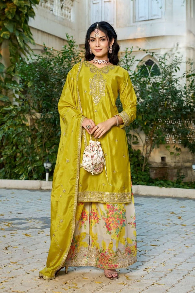 Mustard Embroidered Chinon Palazzo Suits (RF30292)
