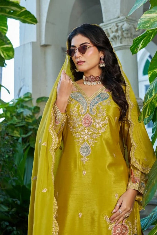Free Size Stitched Olive Green Embroidered Chinon Palazzo Suits (RF30318)