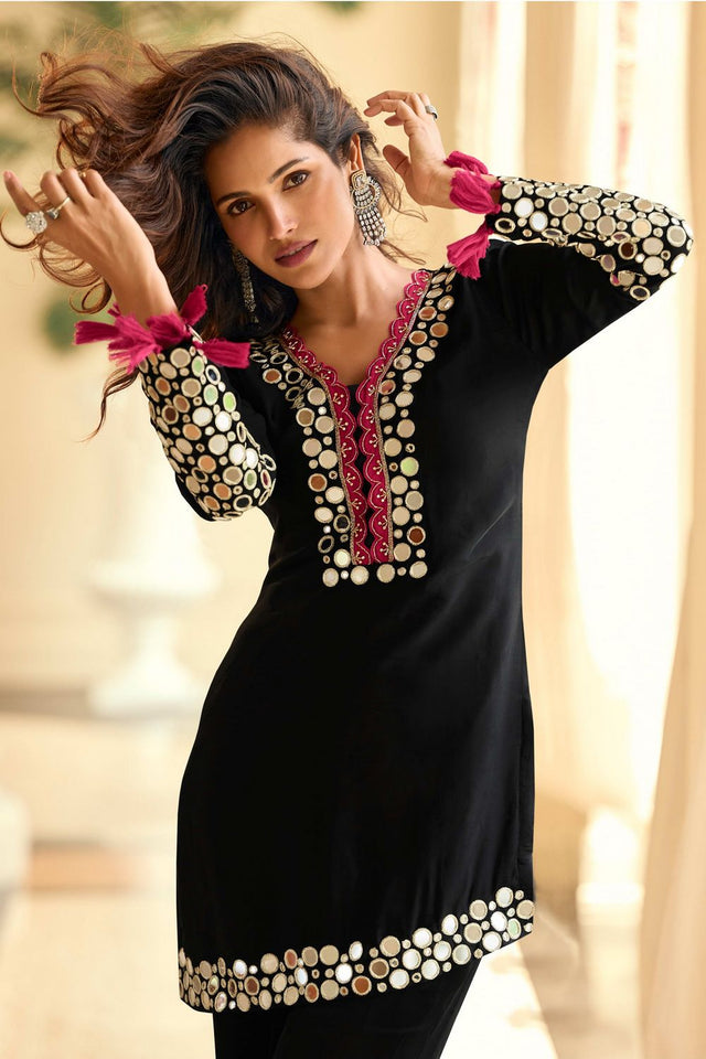 Free Size Stitched Black Mirror Embroidered Shimmer Kurti Pant Set (RF30332)