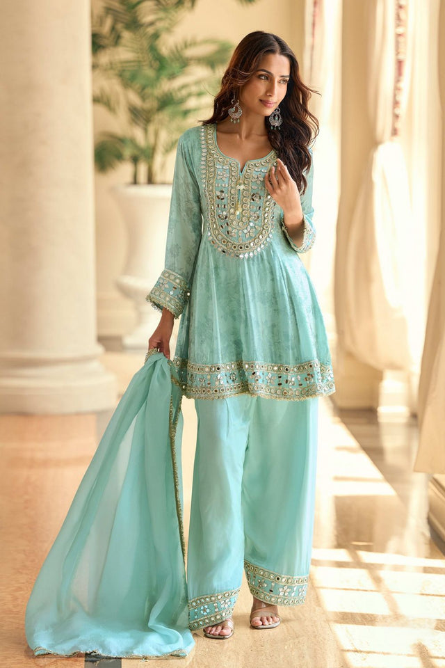 Free Size Stitched Blue Mirror Embroidered Shimmer Kurti Pant Set (RF30333)