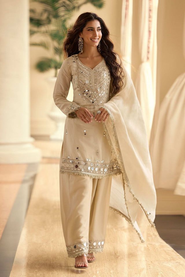 Free Size Stitched White Mirror Embroidered Shimmer Kurti Pant Set (RF30334)