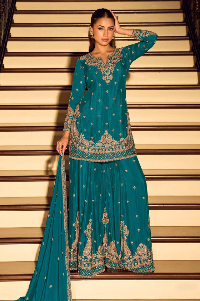 Free Size Stitched Turquoise Embroidered Chinon Sharara Suit (RF30338)