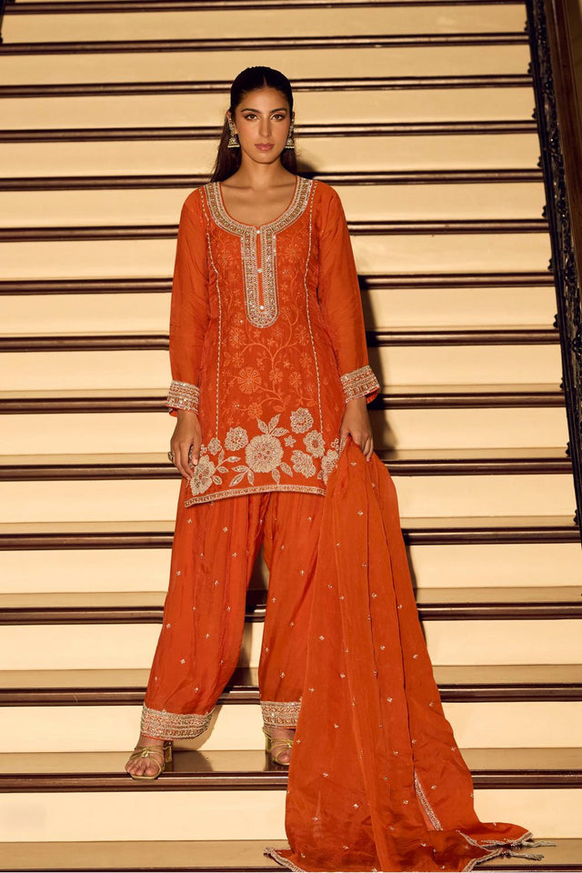 Free Size Stitched Orange Embroidered Chinon Sharara Suit (RF30339)