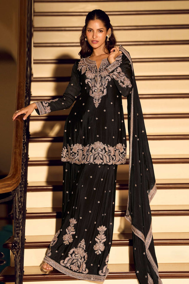 Free Size Stitched Black Embroidered Chinon Sharara Suit (RF30340)
