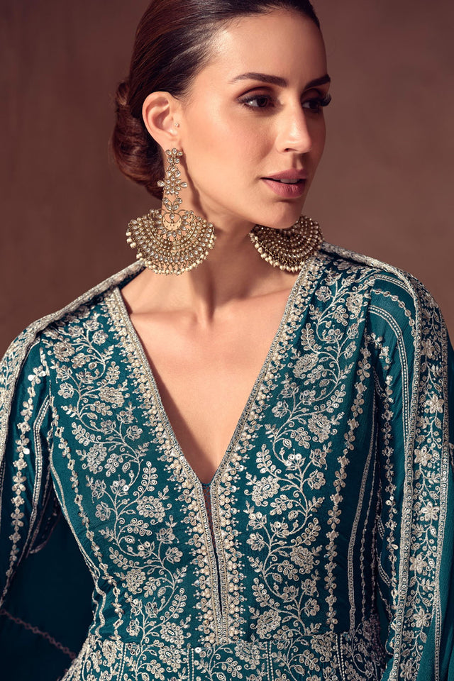 Turquoise Sequin with Embroidered Chinon Gown (RF30359)