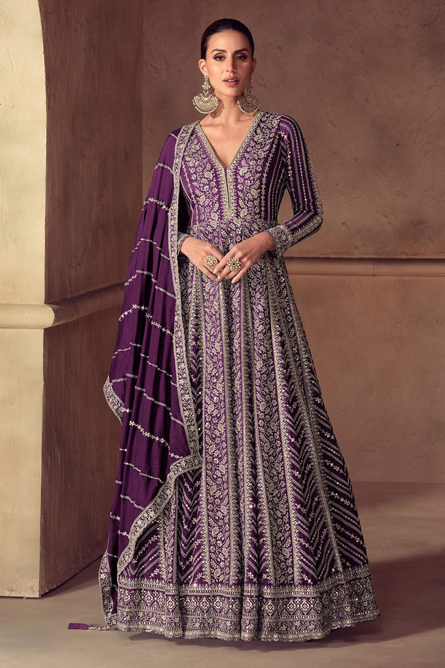 Purple Sequin with Embroidered Chinon Gown (RF30361)