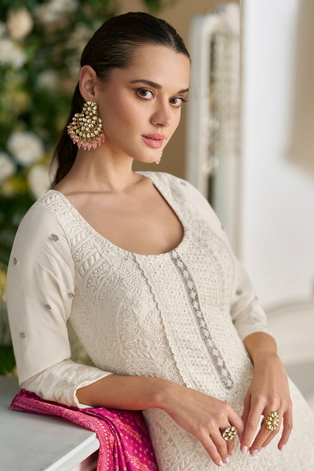 Free Size Stitched Off White Santoon Georgette Gown (RF30363)