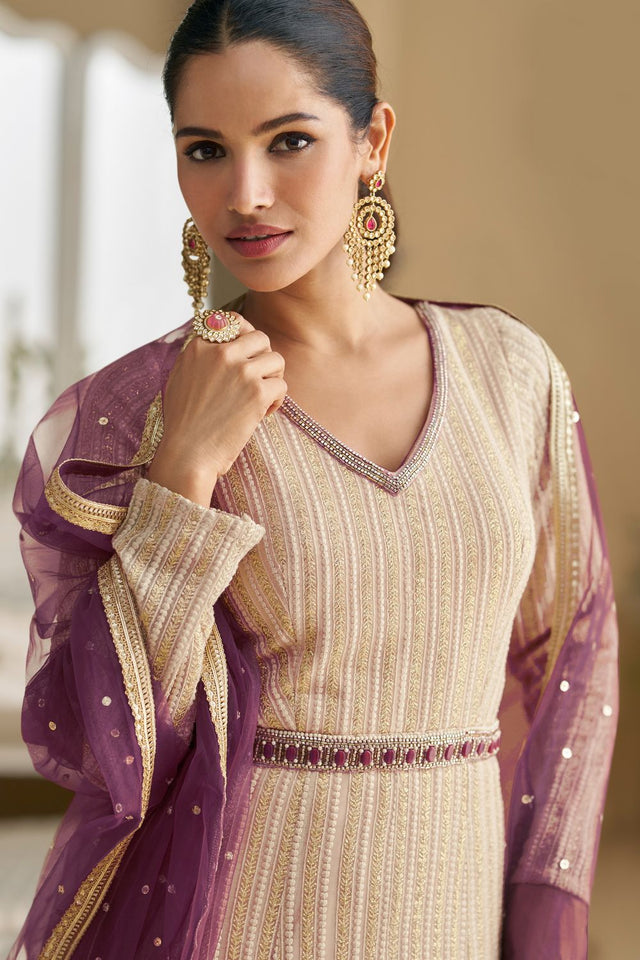 Free Size Stitched Cream And Purple Santoon Georgette Gown (RF30364)