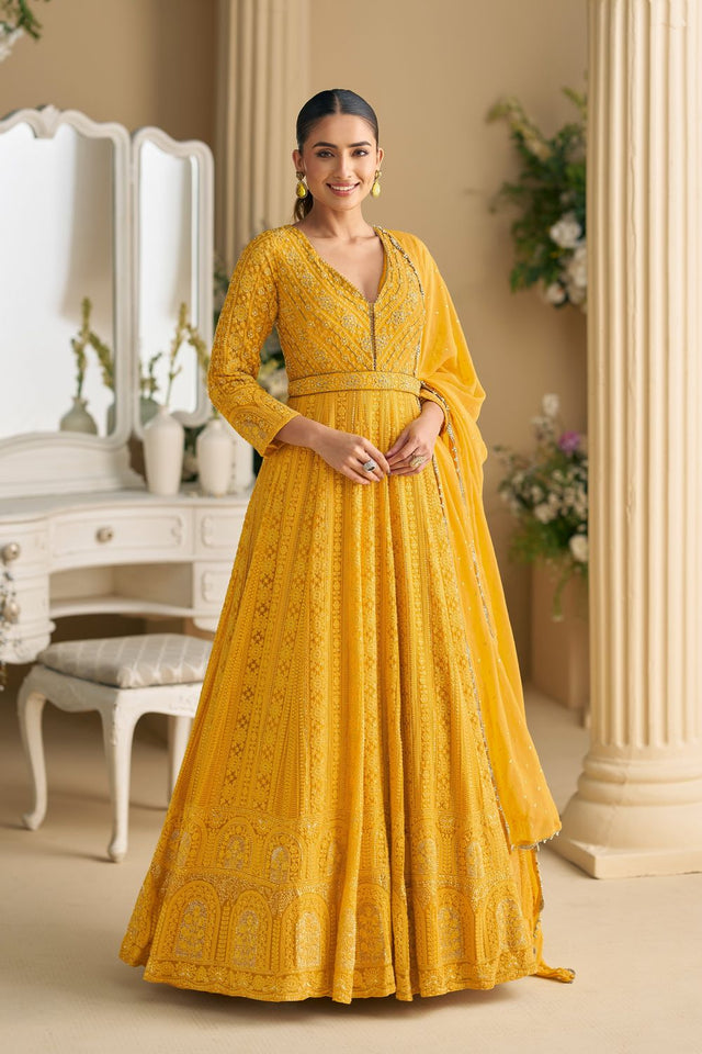 Free Size Stitched Yellow Santoon Georgette Gown (RF30365)