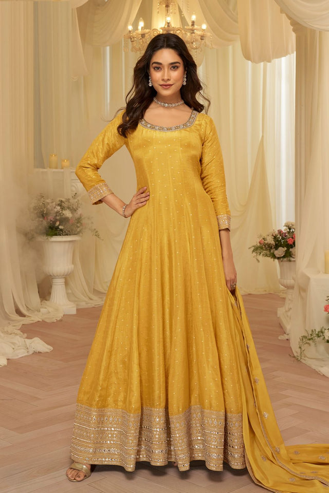 Yellow Sequin with Embroidered Viscose Gown (RF30375)